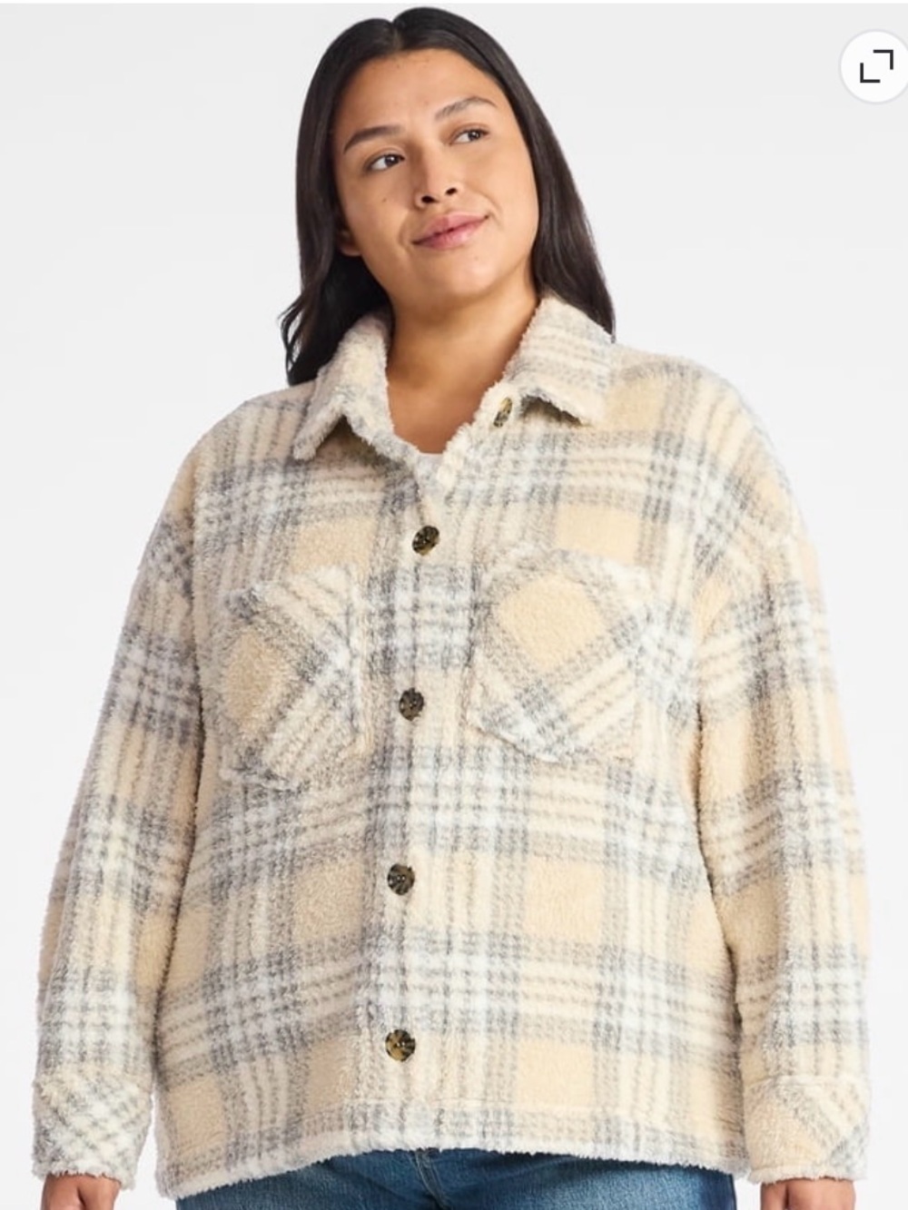 Terra & Sky Plush Plaid Shacket - Cream & Gray 3X